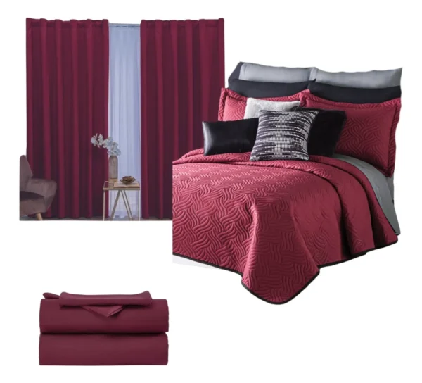 Combo de Recámara Premium 3 en 1 | Edredón Ligero Matrimonial 2 Vistas + Cortinas +Sábanas